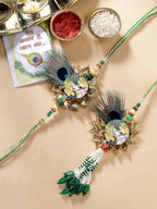 NVR Women & Men Set of 2 Green Radha Krishna Beaded Bhaiya Bhabhi Rakhi With Roli Chawal - Distacart