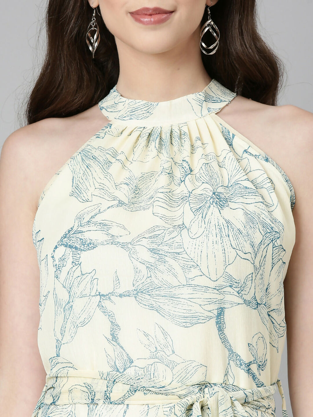 Souchii Cream & Blue Floral Chiffon Maxi Dress