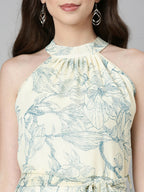 Souchii Cream & Blue Floral Chiffon Maxi Dress