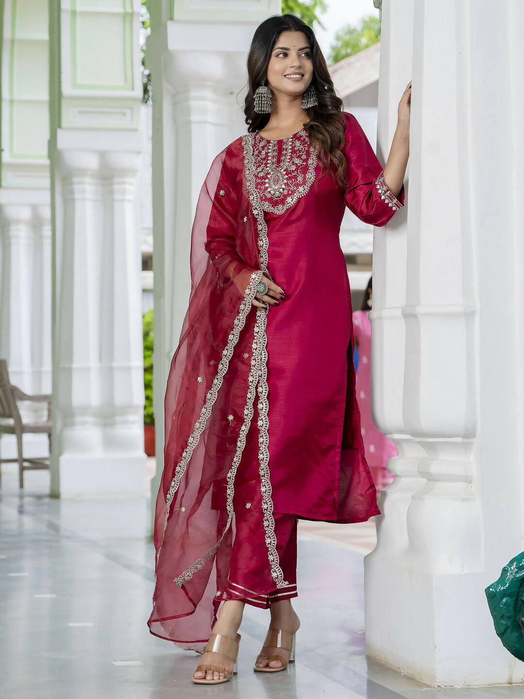 Vellora Red Silk Blend Embroidered Salwar Suit for Everyday Wear