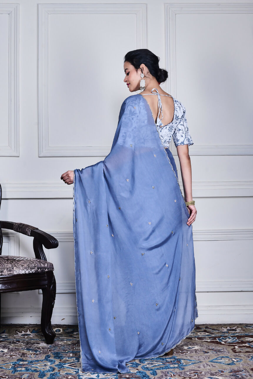 Morchari Grey Chiffon Hand Embroidery Saree And Stitched Blouse - Distacart