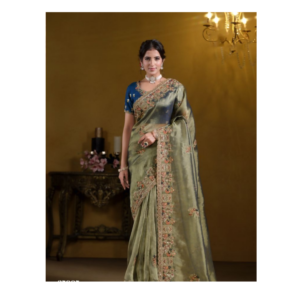 Green Pure Georgette Pure Khatli work Designer Saree With Blouse. - Rajasvi
