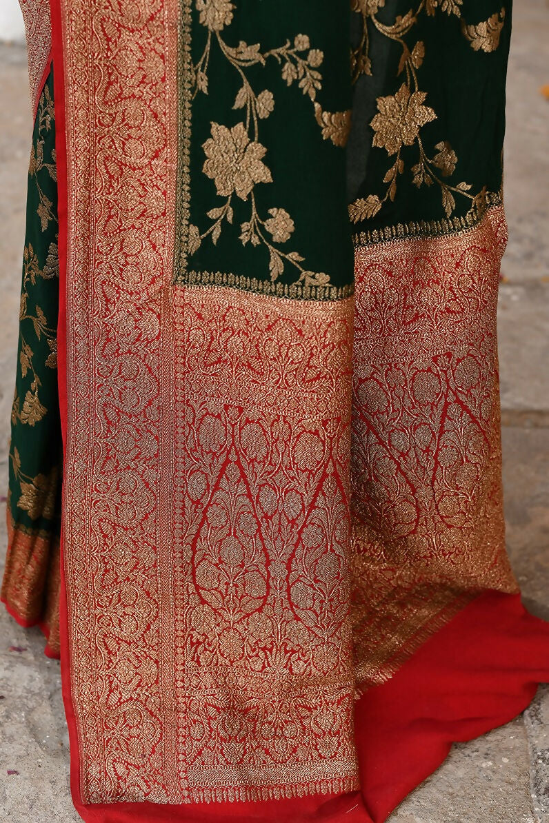 Joban Fashion Green Crepe Chiffon Pure Handloom Banarasi Silk Saree