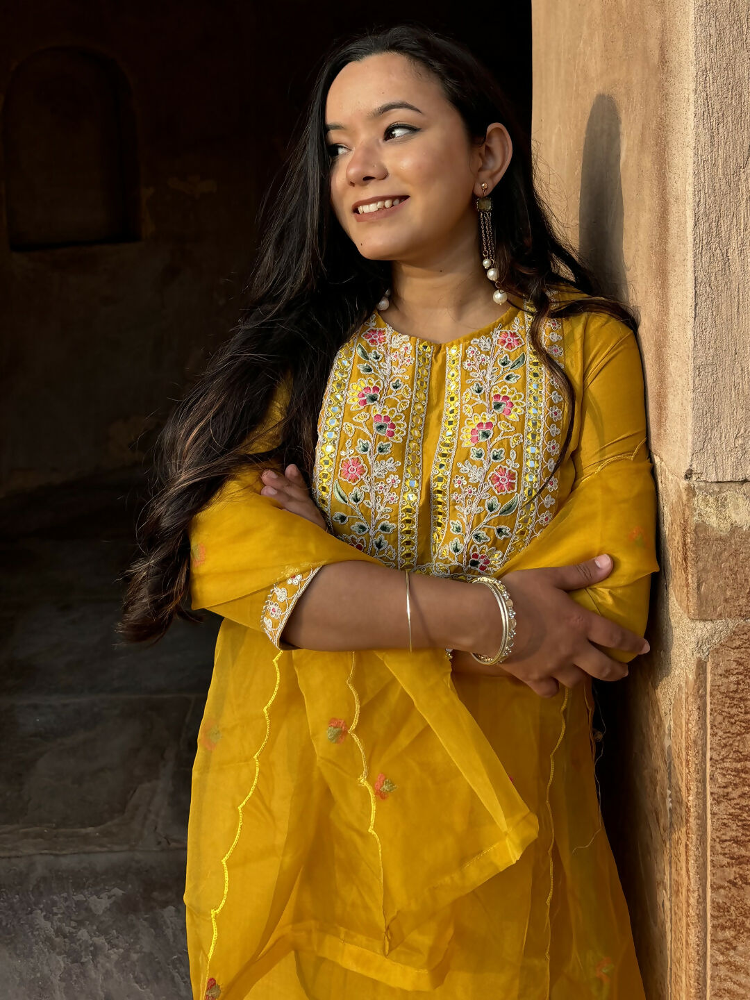 Vellora Mustard Yellow Silk Blend Festive Style Readymade Salwar Suit