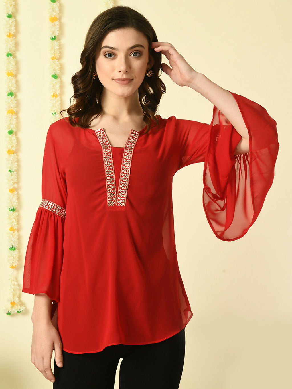 Myshka Women's Red Embroidered Party Fusion Top