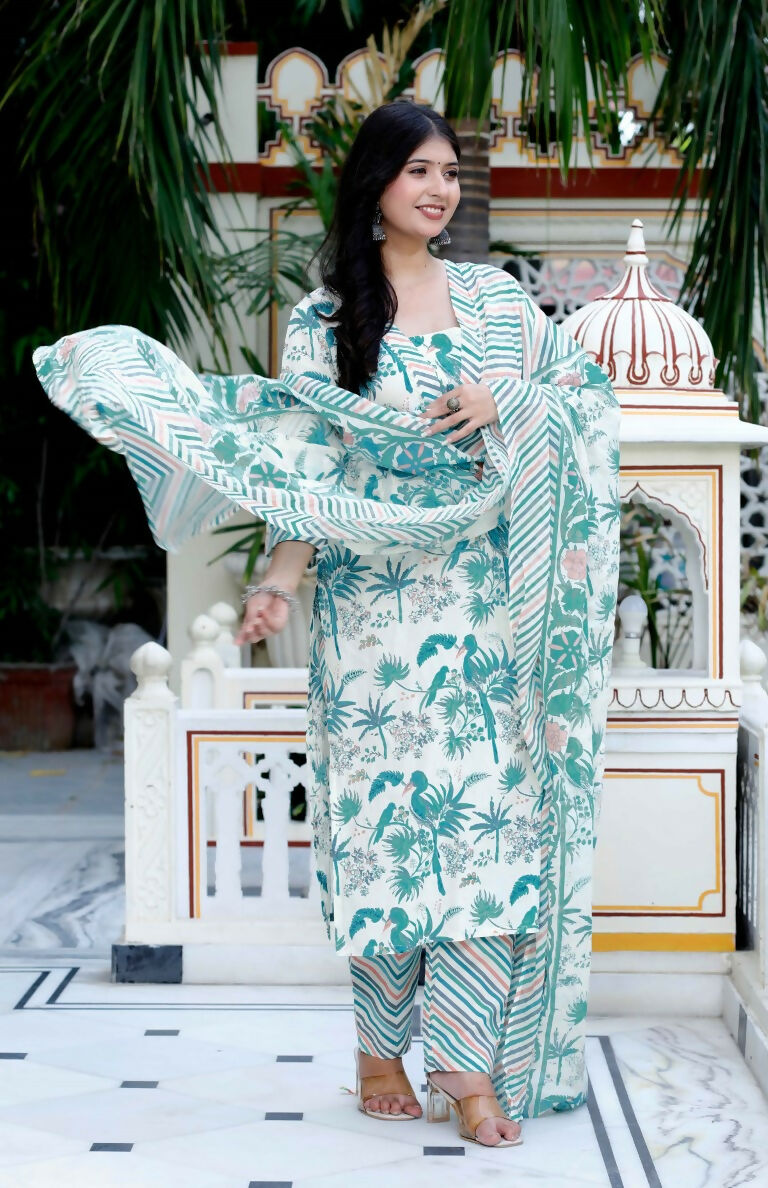 Miravan Women's Light Green Scenic Birds And Leaf Straight Pakistani Style Suit Set