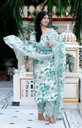 Miravan Women's Light Green Scenic Birds And Leaf Straight Pakistani Style Suit Set