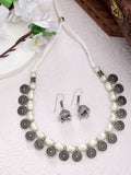 NVR Women's White Silver-Plated Choke Oxidized Necklace with Jhumka Earrings