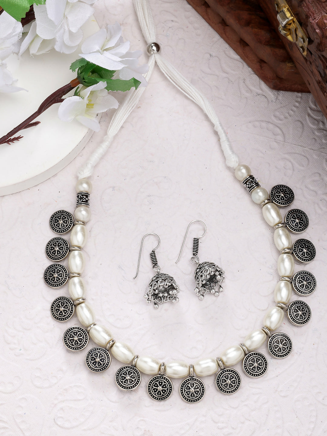 NVR Women's White Silver-Plated Choke Oxidized Necklace with Jhumka Earrings