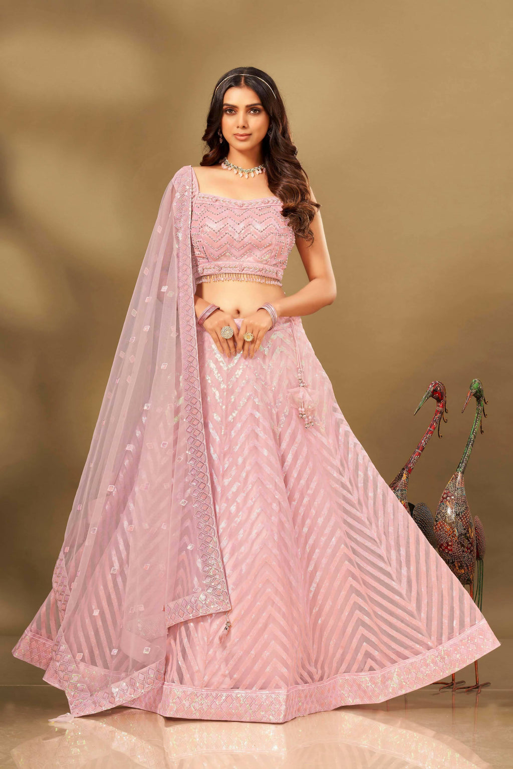 Pink Net Sequence work Lehenga Choli with Dupatta - Dhvani