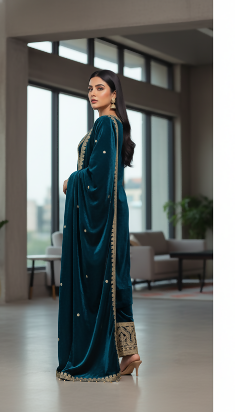 Teeya Creation Teal Color Velvet Fabric Designer Embroidery Work Suit - Distacart