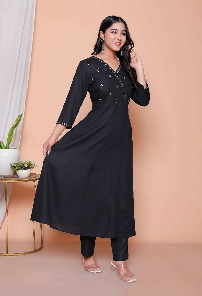 Miravan Womens Black Mirror Work Angrakha Kurta And Palazzo Set - Distacart