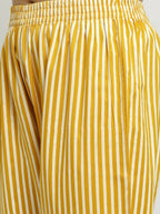 Rudra Bazaar Mustard Printed Bell Sleeve Straight Kurta with Striped Pyjamas - Distacart