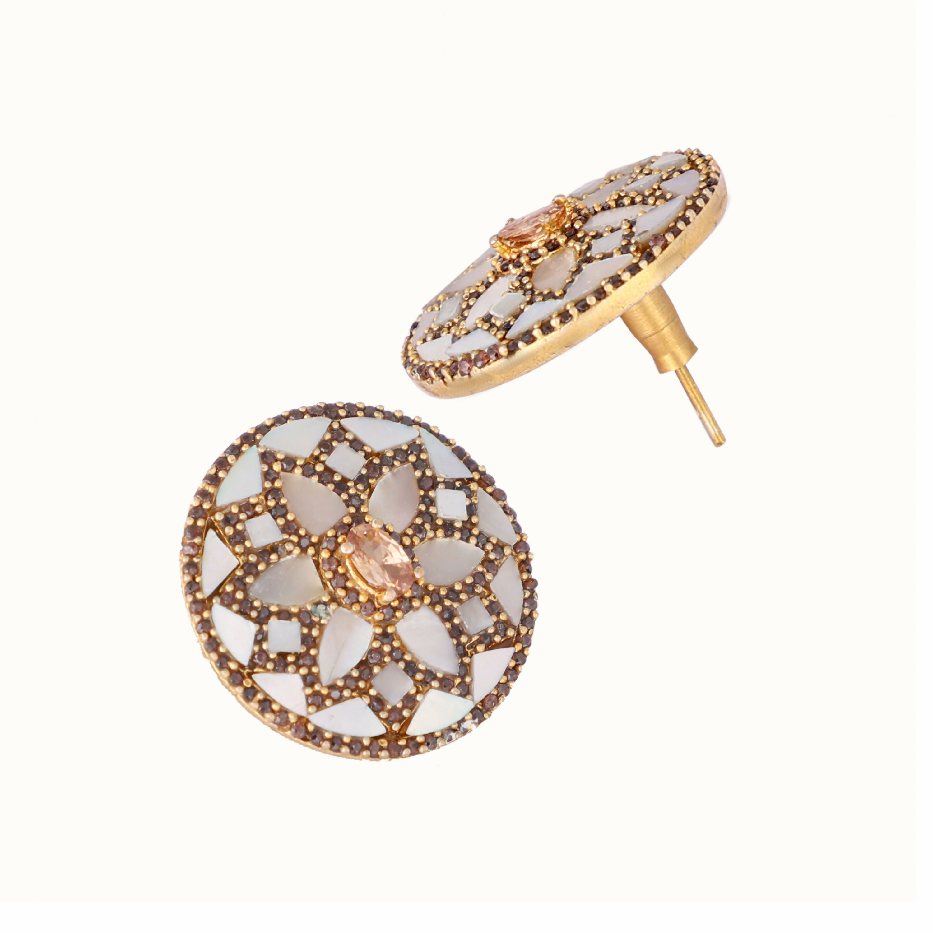 Nuyug 22K Gold Plated Mother of Pearls and Stone Studded Contemporary Floral Shaped Studs - Distacart