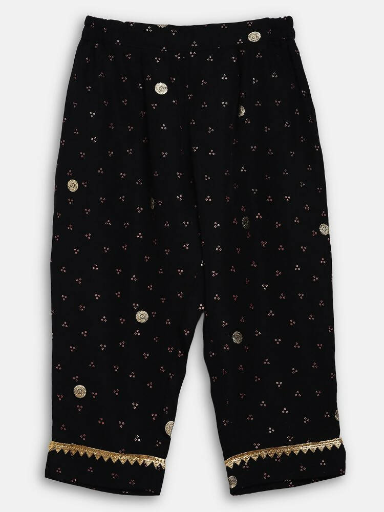 Ahalyaa Black Crepe Kids Kurta Pants With Dupatta For Girls