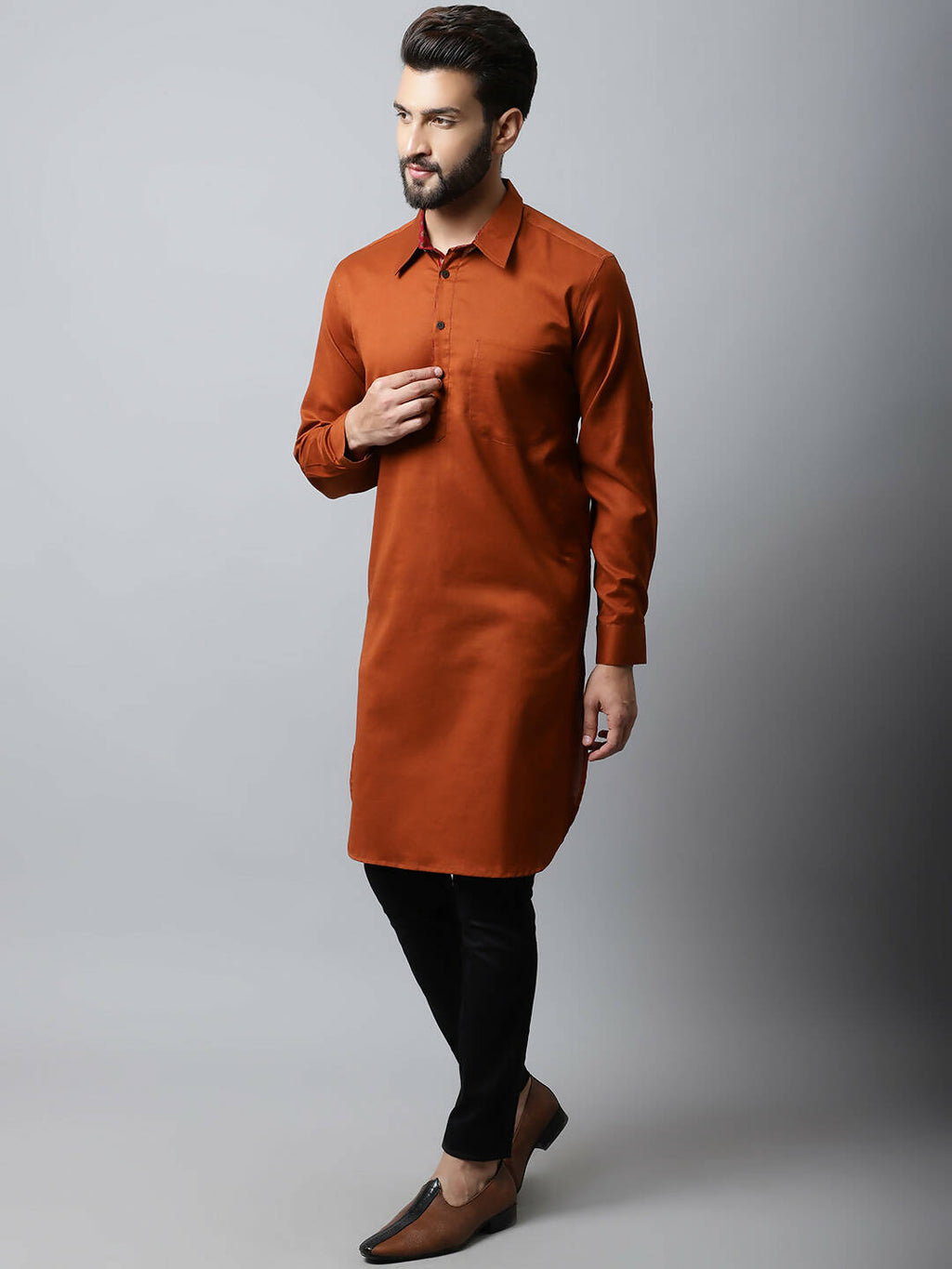 Even Apparels Brown Color Pure Cotton Solid Men's Kurta With Shirt Collar (SLD1137) - Distacart