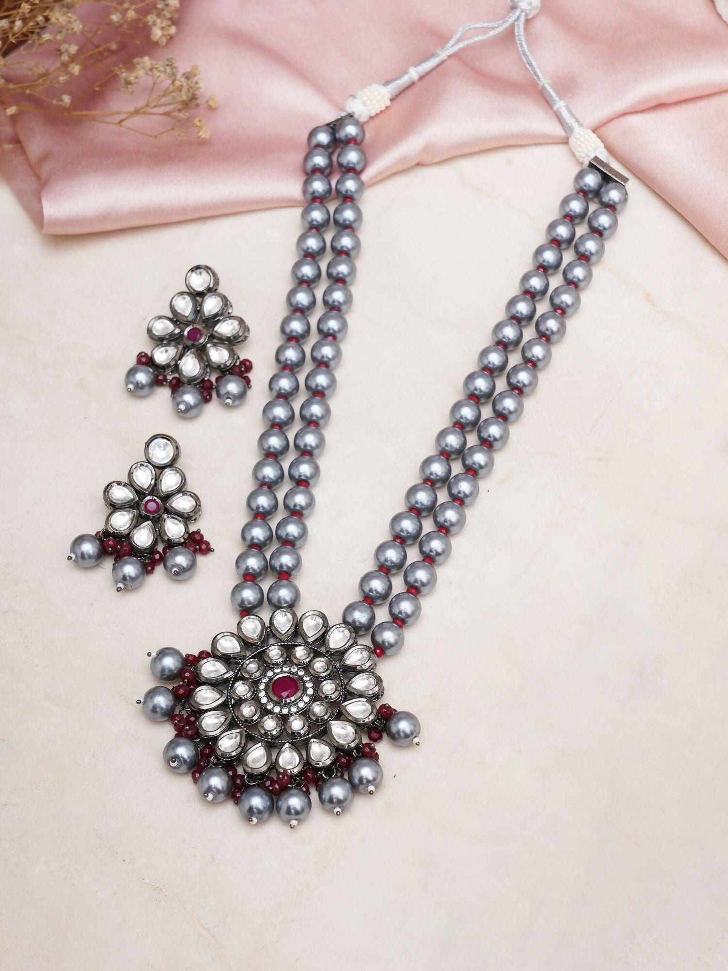 Long Kundan Neckpiece with Earrings with Multi Stones Jewellery Set (Grey) - Ruby Raang
