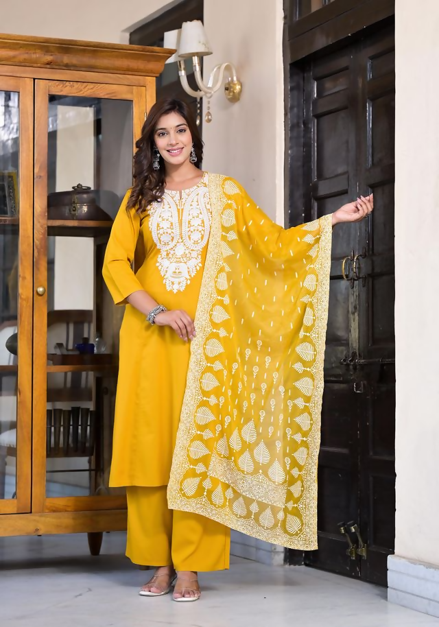 Juniper Women's Mustard Thread Embroidered Rayon Kurta Set