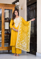 Juniper Women's Mustard Thread Embroidered Rayon Kurta Set