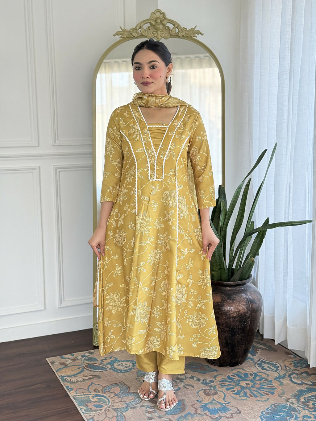 The52 Women's Beautiful Rayon Fabric Printed Work A-Line Kurta Pant and Dupatta Set - Distacart