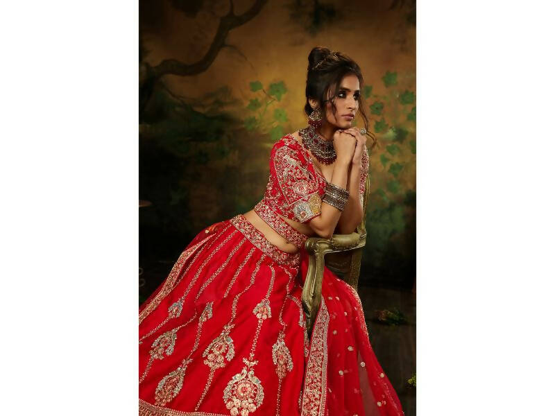 House of Panchhi Red Pure Silk Moti & Zarkan heavy embroidery Lehenga choli & Dupatta