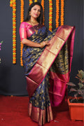 Jyoti Fashion Women's Navy Blue Kanjivaram Silk Zari Woven Saree with Blouse