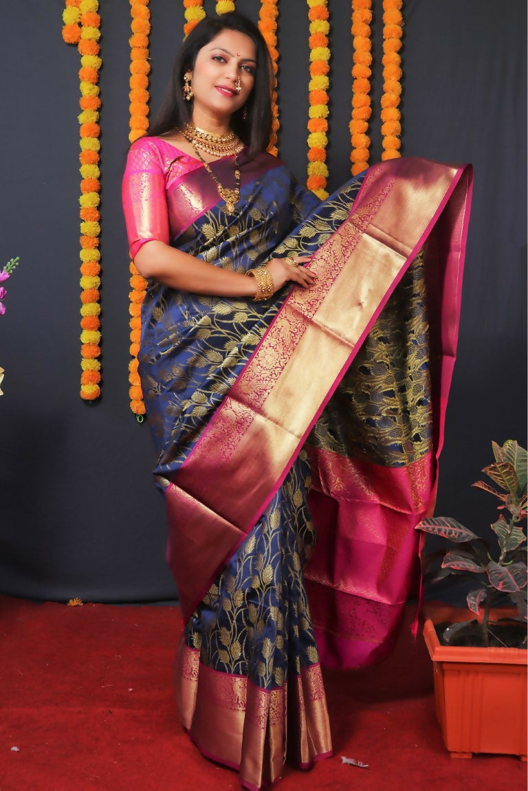 Jyoti Fashion Women's Navy Blue Kanjivaram Silk Zari Woven Saree with Blouse