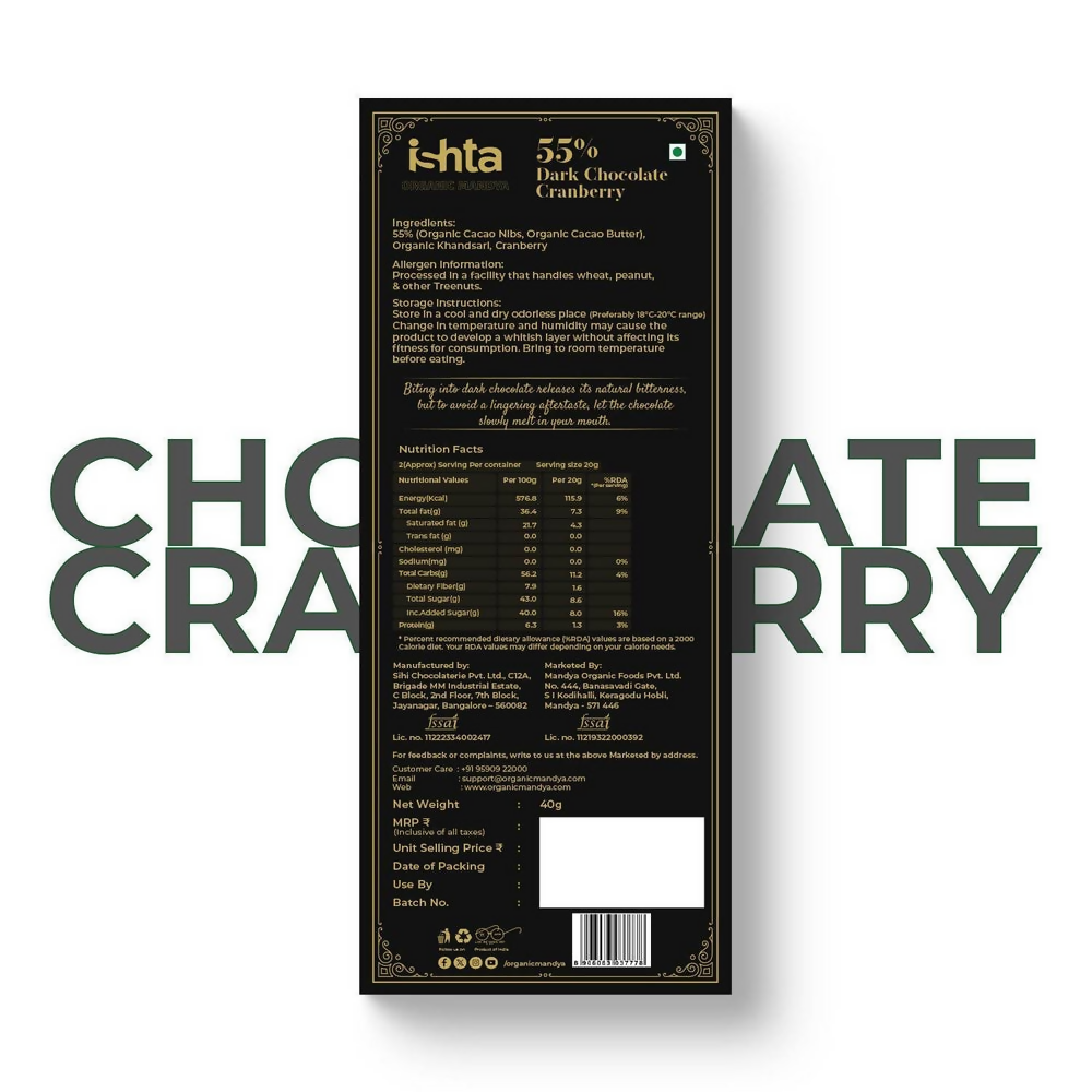 Organic Mandya 55% Dark chocolate with Cranberry