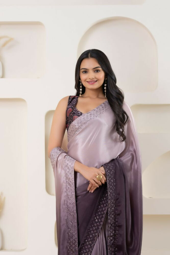 Wine Satin Pedding Designer, Printed Party Wear Ready To Wear Saree - Femina