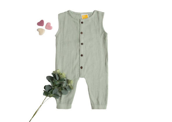 Sunshine Baby Cute Organic Muslin Cotton Sleeveless Full Length Rompers For Babies - Greenish Grey