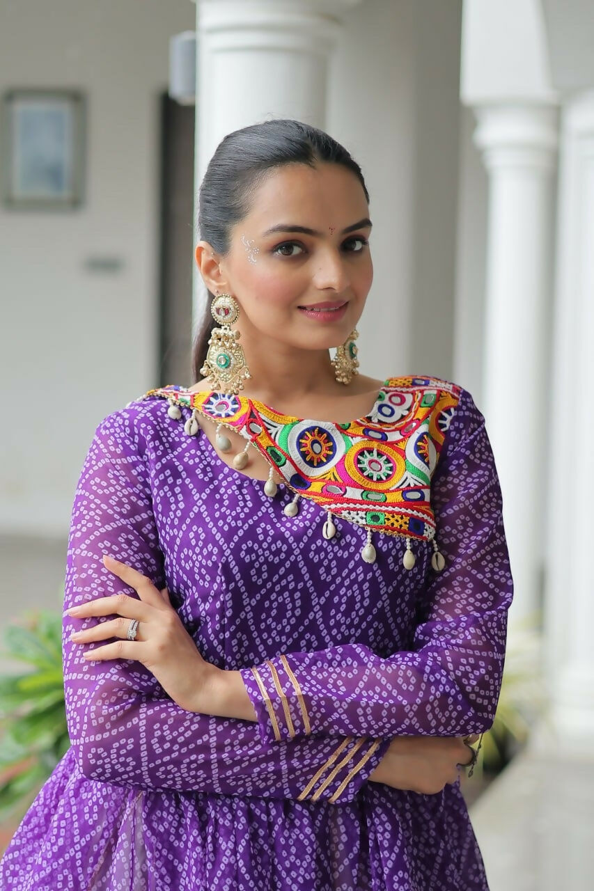 Teeya Creation Purple And White Colour Cotton Printed Navratri Lehenga Choli
