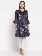 Myshka Women's Black Crep Printed Full Sleeve V Neck Casual Tunic