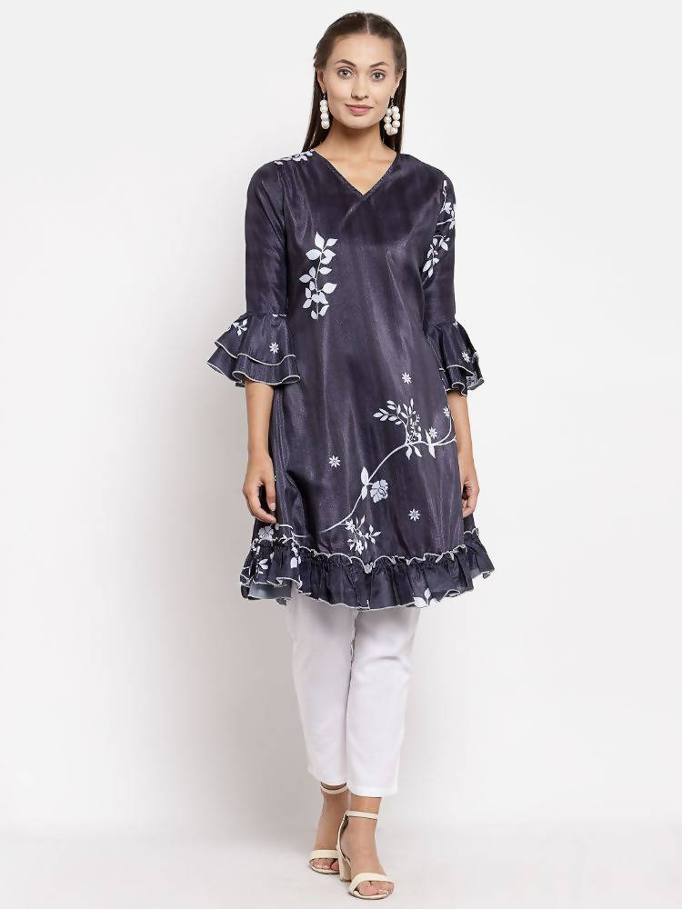 Myshka Women's Black Crep Printed Full Sleeve V Neck Casual Tunic