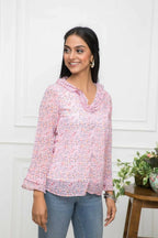 Myshka Women Pink Floral V-Neck Regular Sleeves Synthetic Georgette Top - Distacart