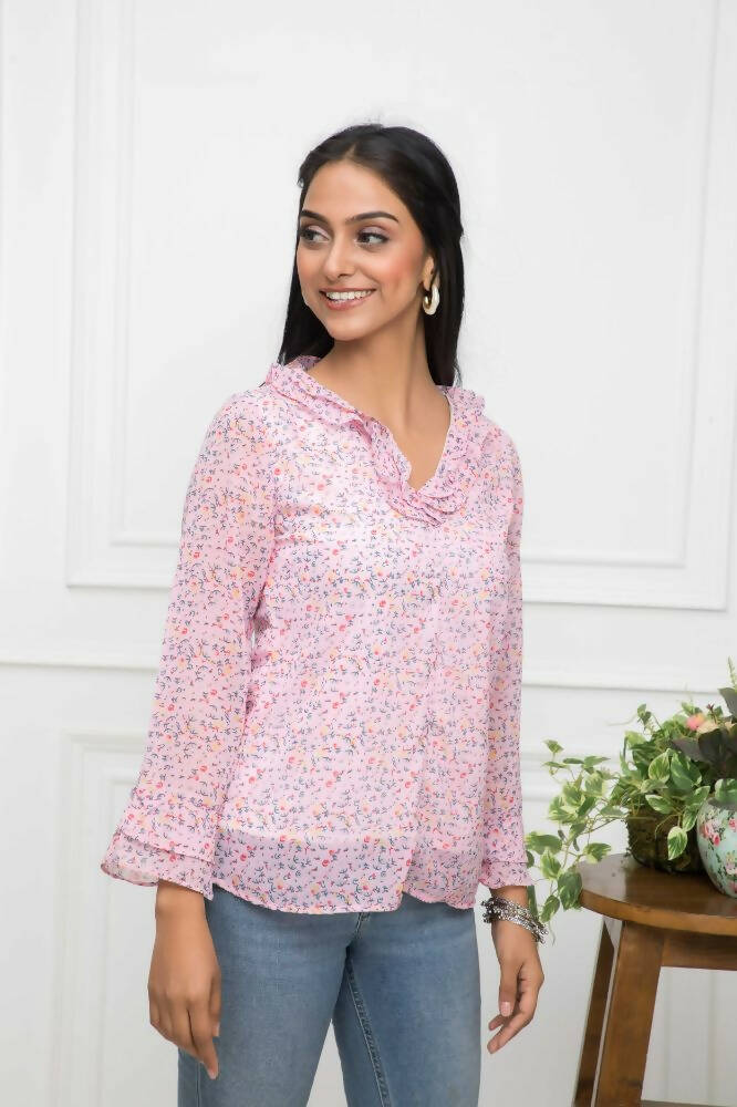 Myshka Women Pink Floral V-Neck Regular Sleeves Synthetic Georgette Top - Distacart