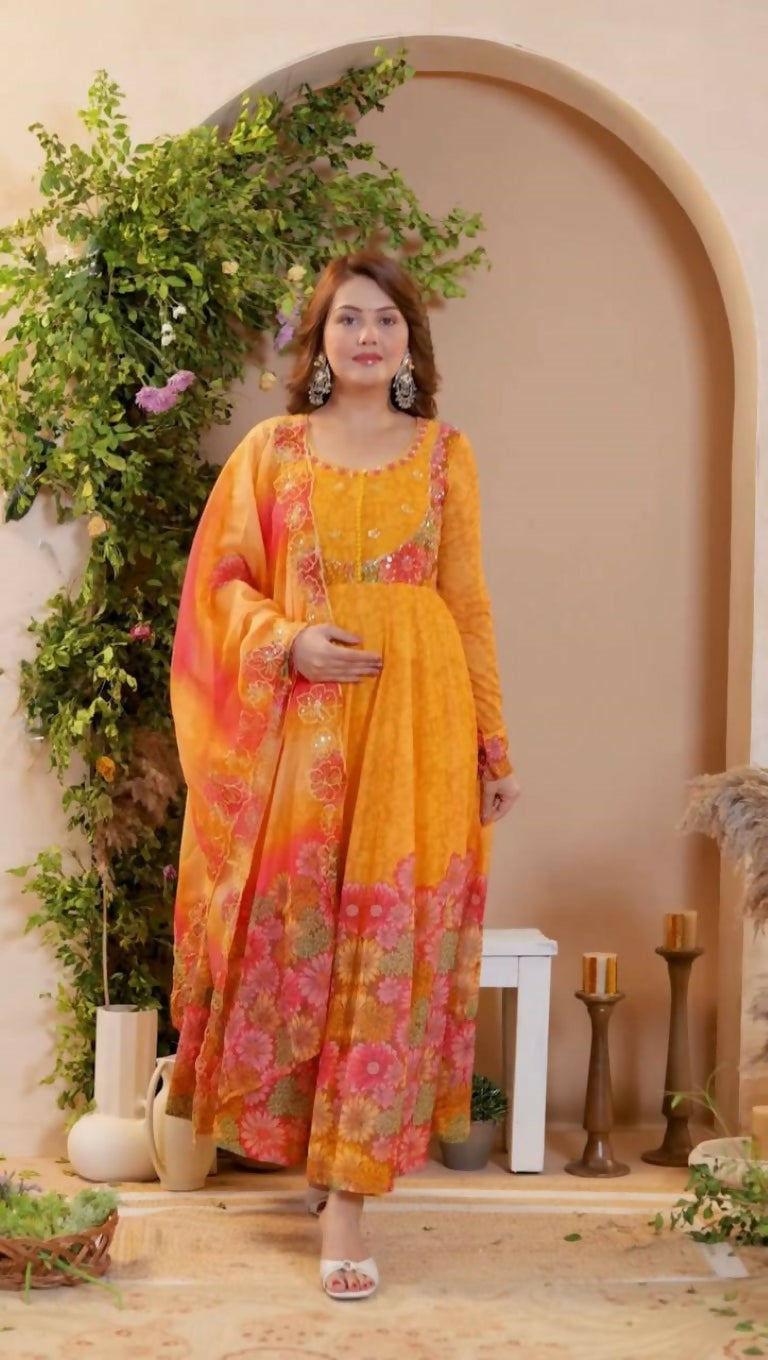 Teeya Creation Multi Color Organza Silk With Digital print With Embroidery Gown - Distacart