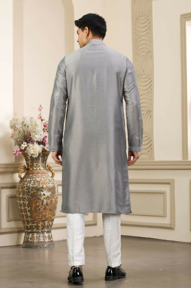 Raivat Ethnic Banarasi Art Silk Thread and Mirror Work Kurta Pajama In Grey Colour