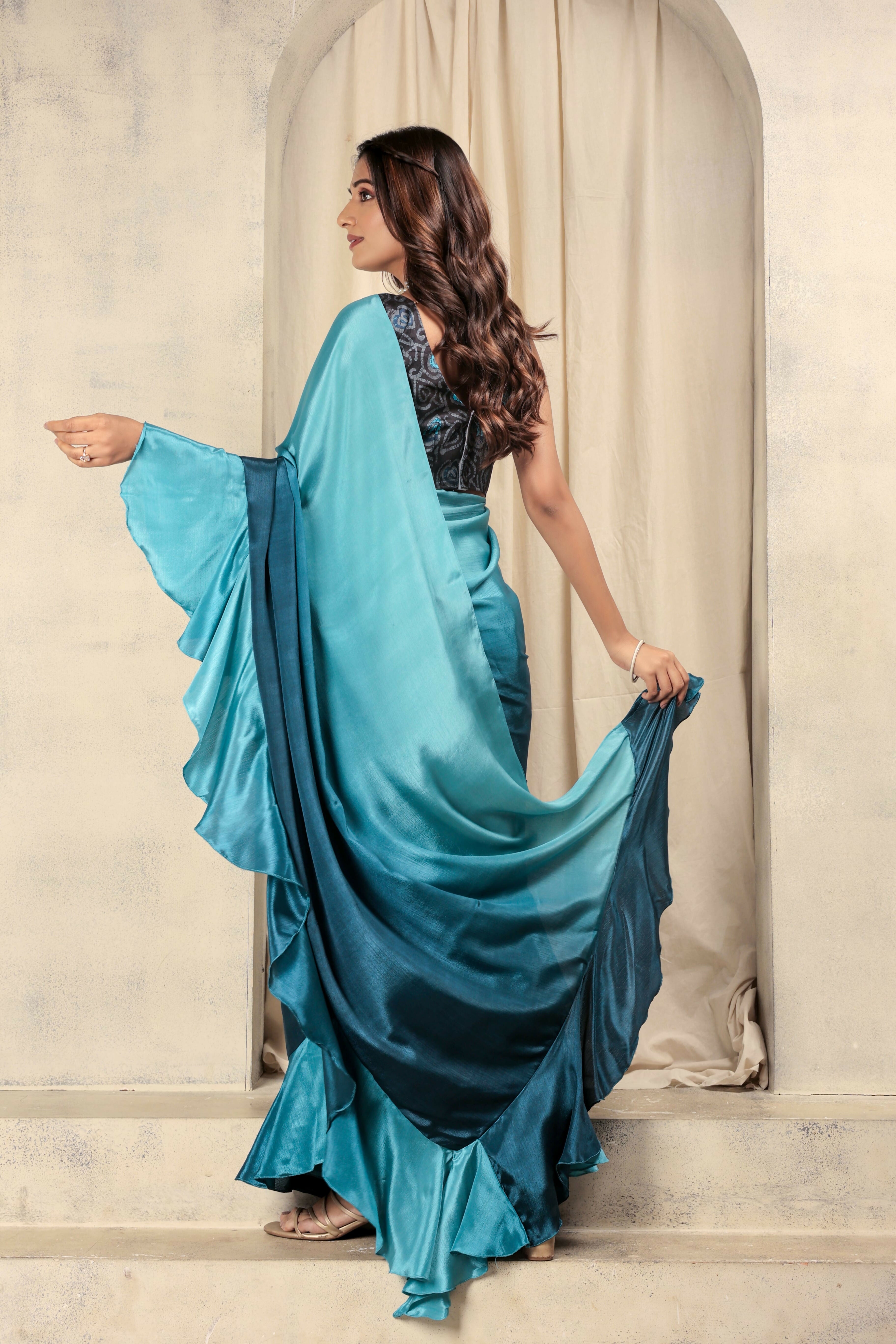 Blue Satin Solid Designer, Printed Party Wear Ready To Wear Saree - Nasreen