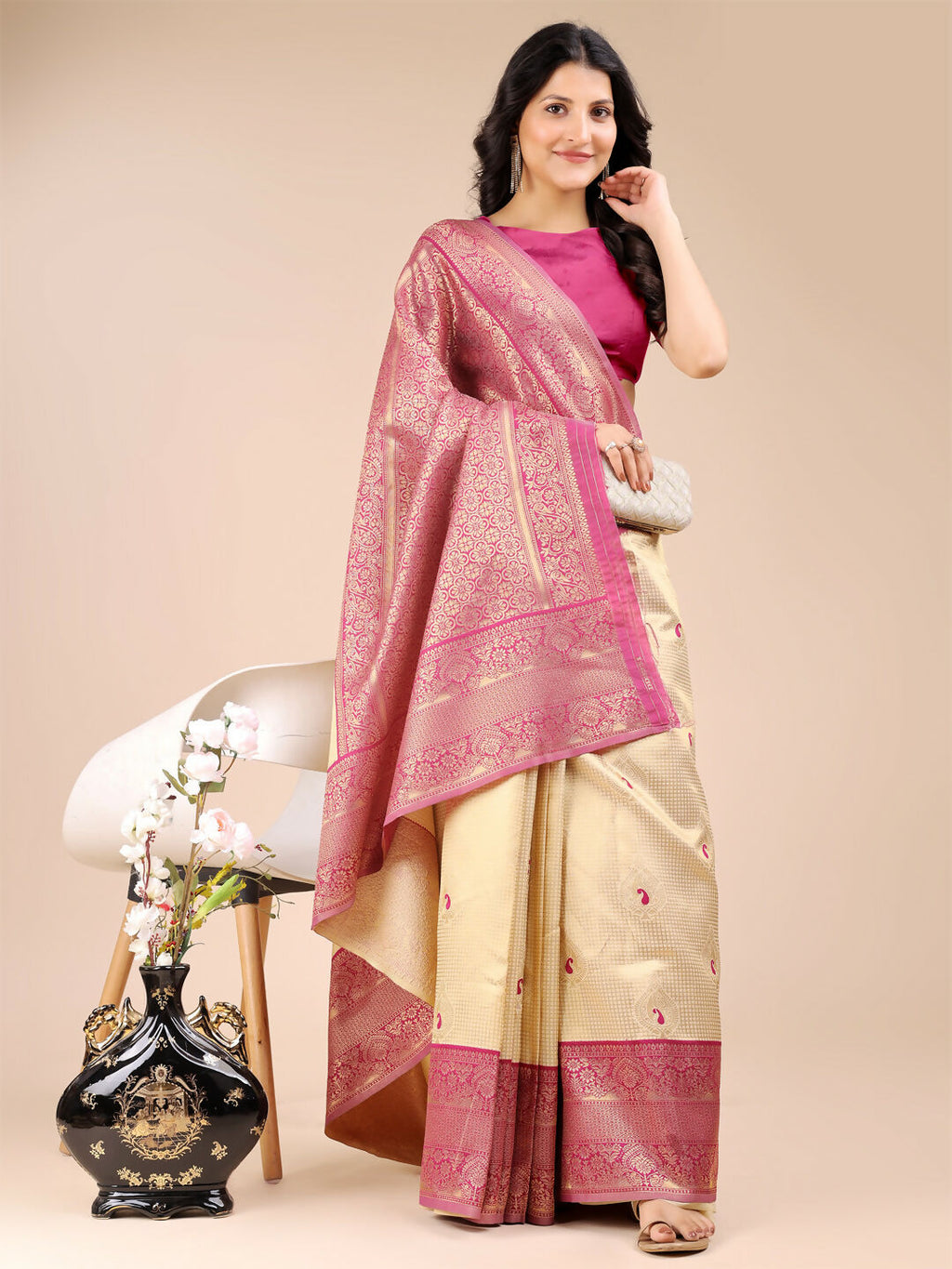 Shree Shyam Fashion Aura Silk Cream Magenta Banarasi Silk Saree