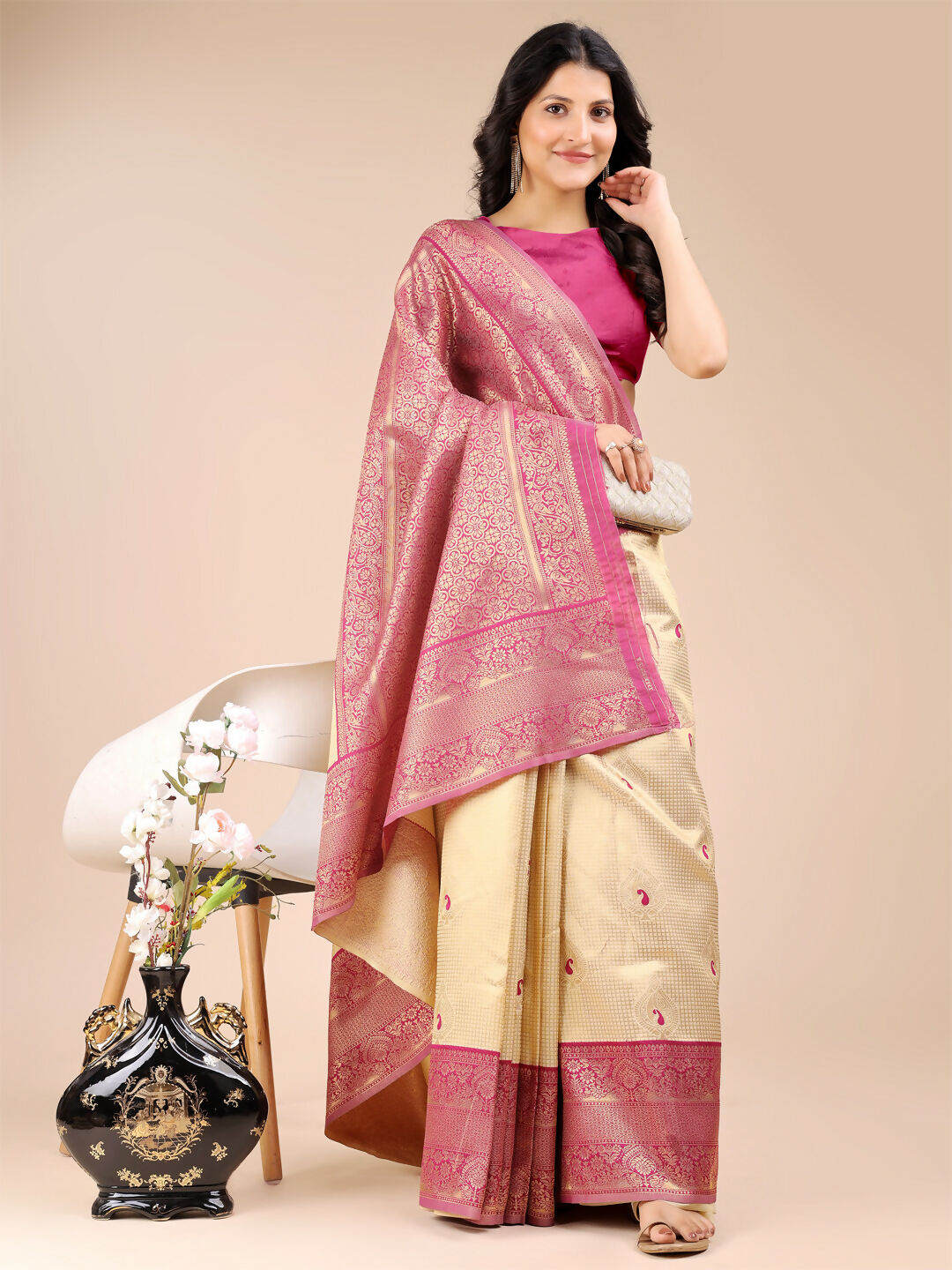 Shree Shyam Fashion Aura Silk Cream Magenta Banarasi Silk Saree