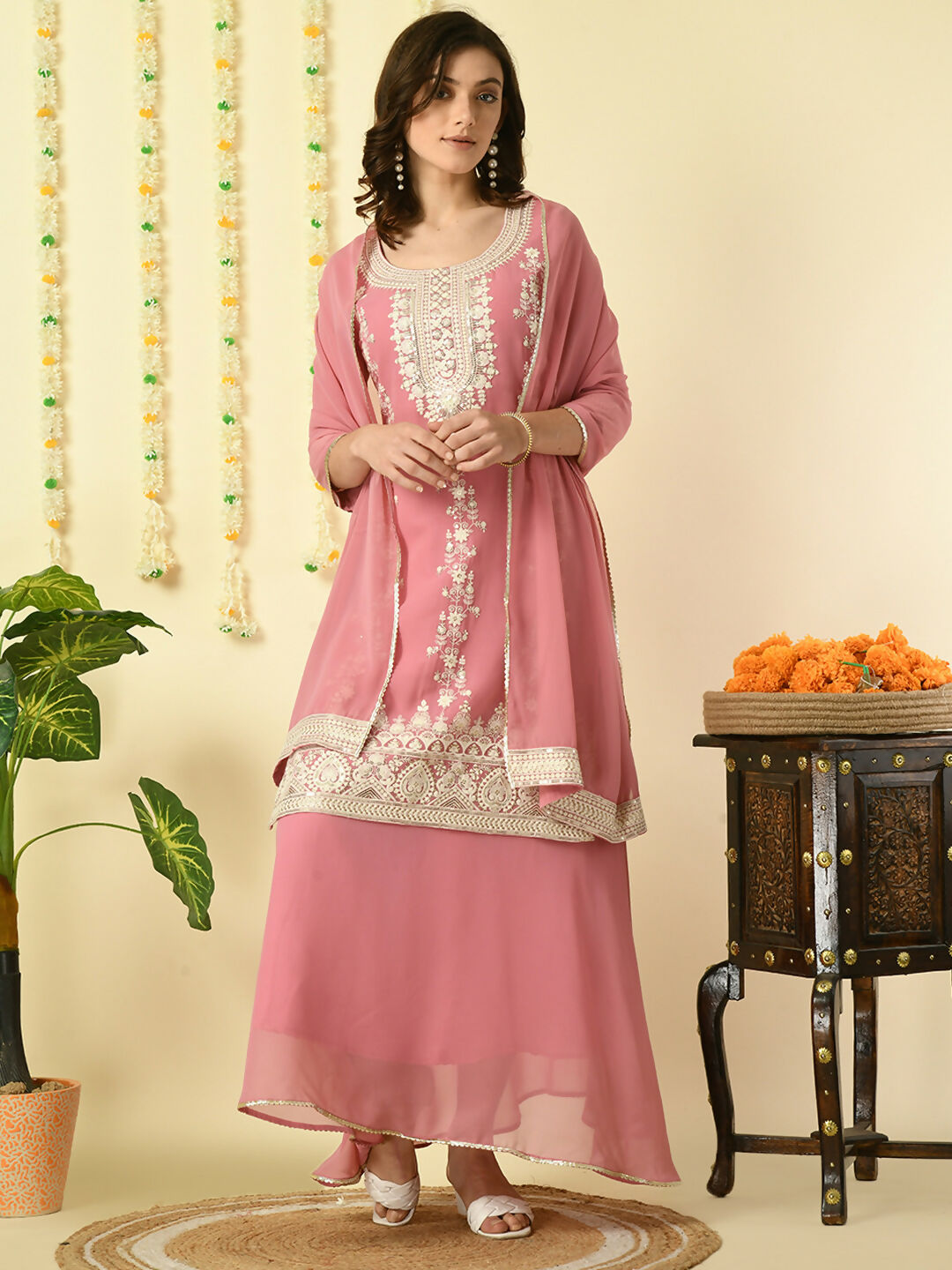 Myshka Women's Pink Georgette Kurta & Skirt With Dupatta Party Sets