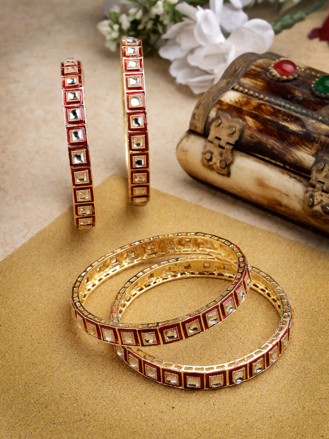 NVR Women's Set Of 4 Gold-Plated Red Kundan-Studded Traditional Bangles - Distacart