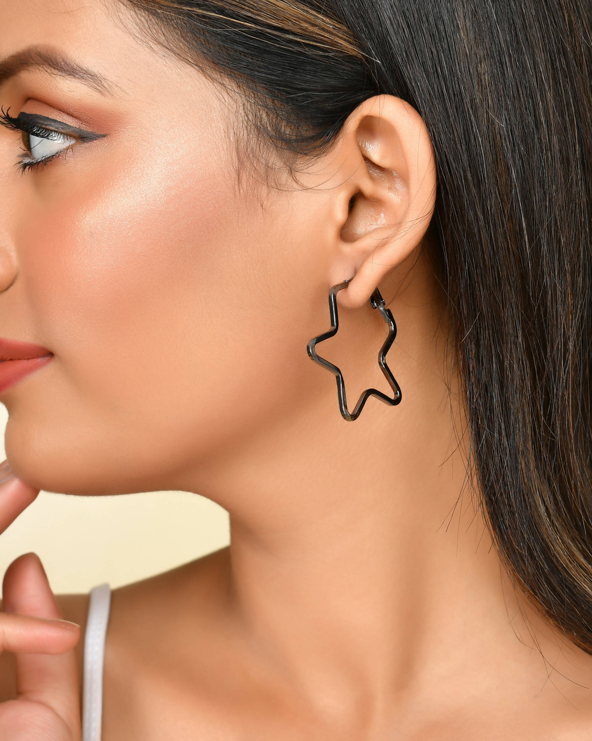 VOJ Women Rhodium Tonned Star Shape Stainless Steel Hoop Earrings - Distacart