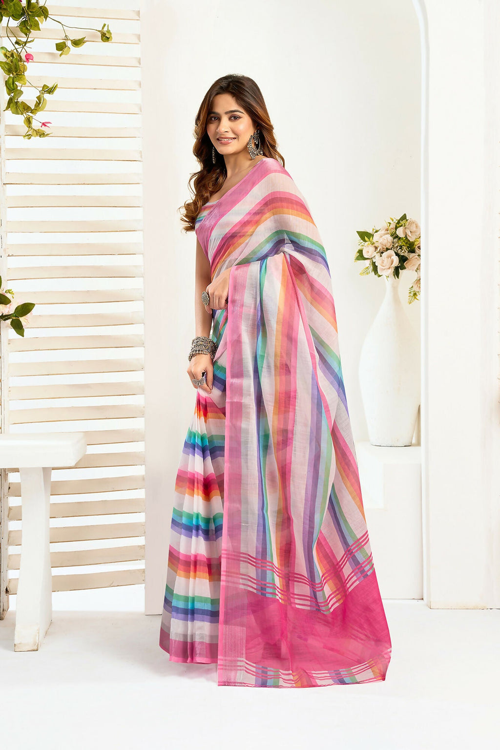 Vastranavya Rainbow Digital Printed Linen Ready To Wear Designer Saree with Unstitched Blouse - Distacart