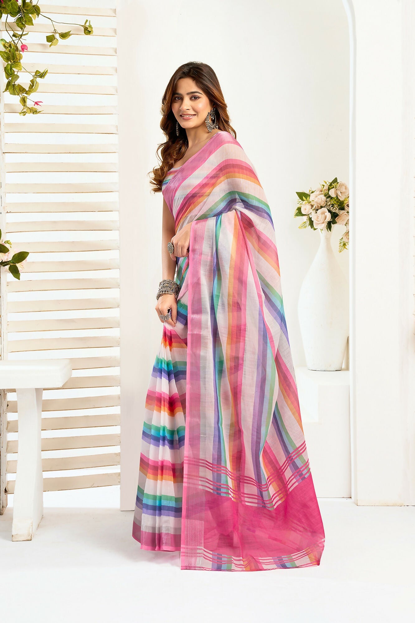 Vastranavya Rainbow Digital Printed Linen Ready To Wear Designer Saree with Unstitched Blouse - Distacart
