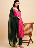 Magenta Pink and Green Polyester Printed Kurta with Trousers & Dupatta - Vishwa