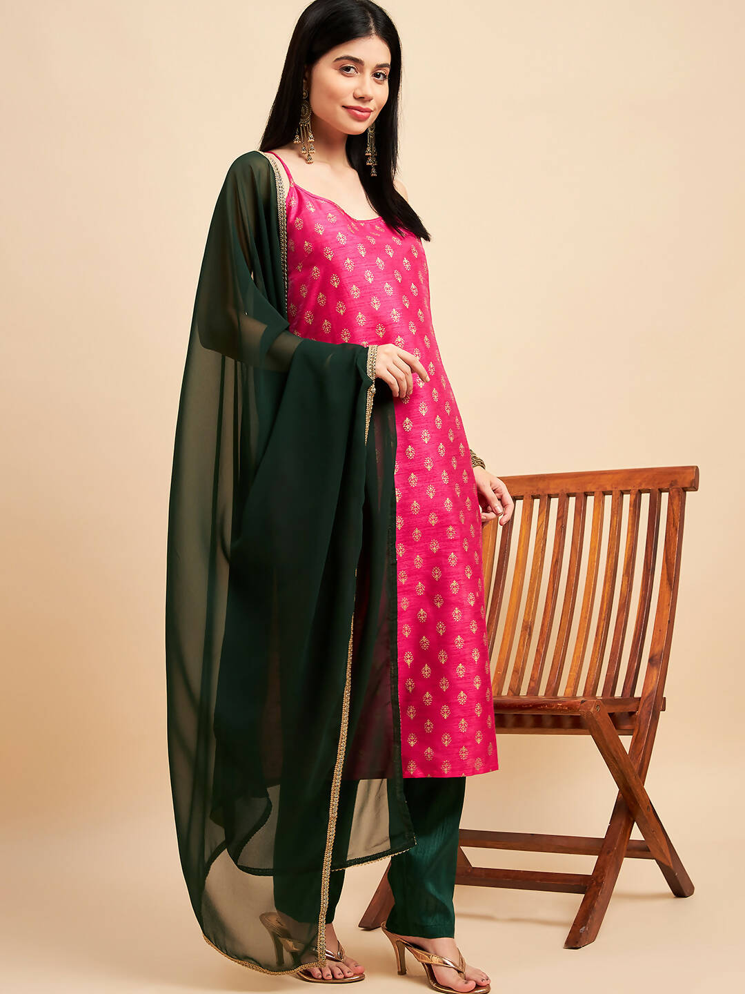 Magenta Pink and Green Polyester Printed Kurta with Trousers & Dupatta - Vishwa
