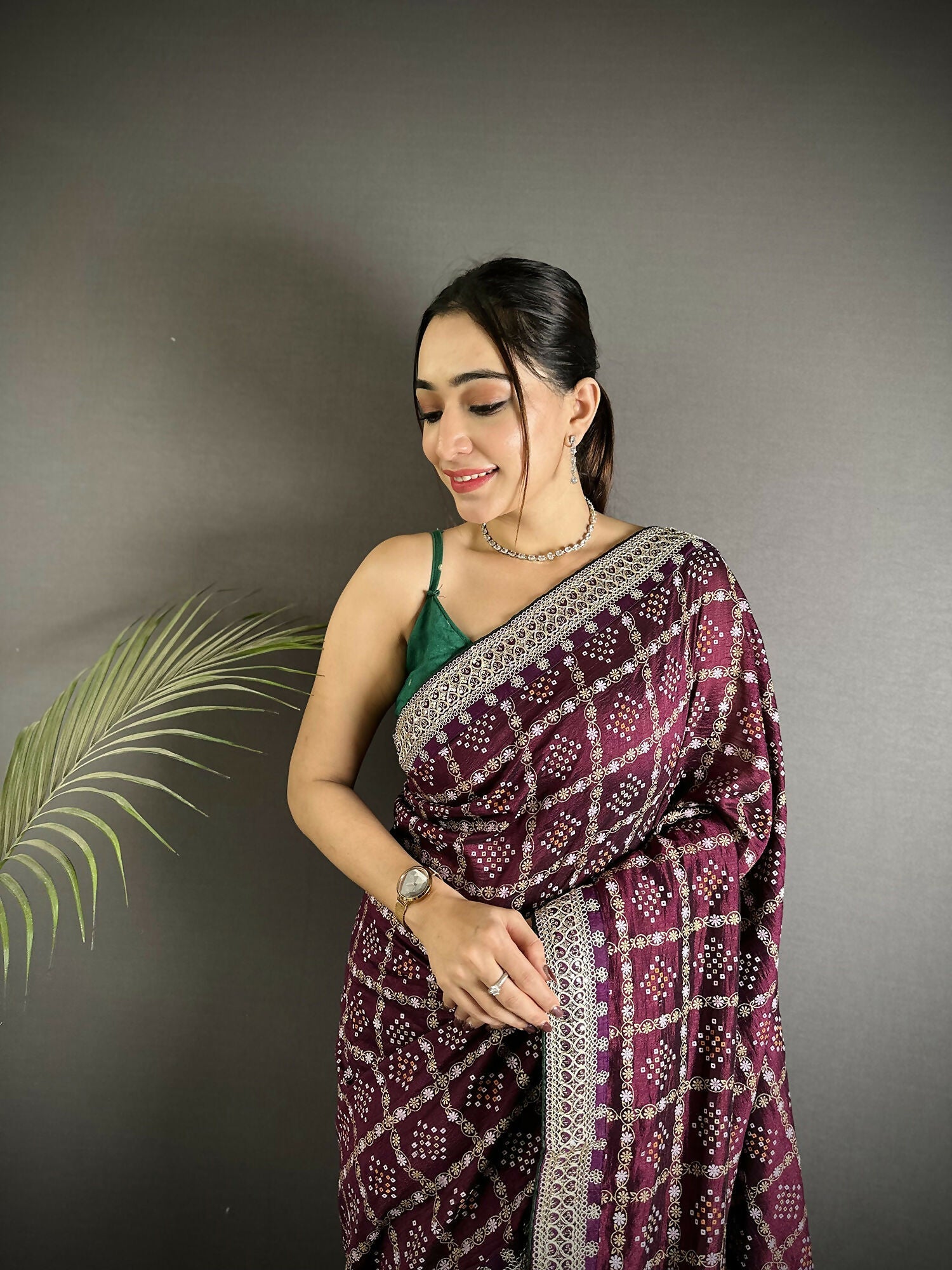 Joban Fashion Wine Bandhej Bandhani Vichitra Silk Bandhani Prints Saree - Distacart