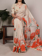 Vastranavya Off White Weightless Marble and Floral Printed Georgette Saree with Unstitched Blouse - Distacart