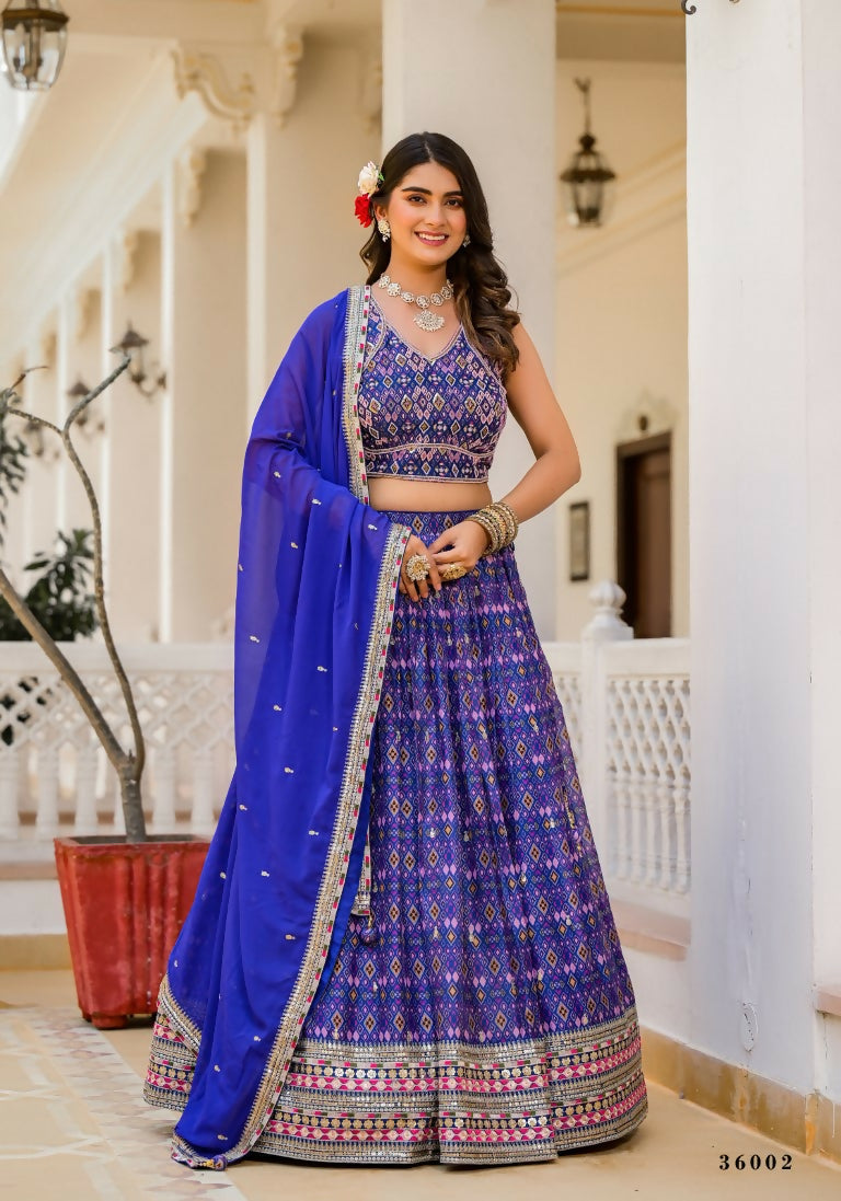 Wedding Partywear Royal Blue Slim Georgette Lehengha Choli With Dupata - Agnidhara